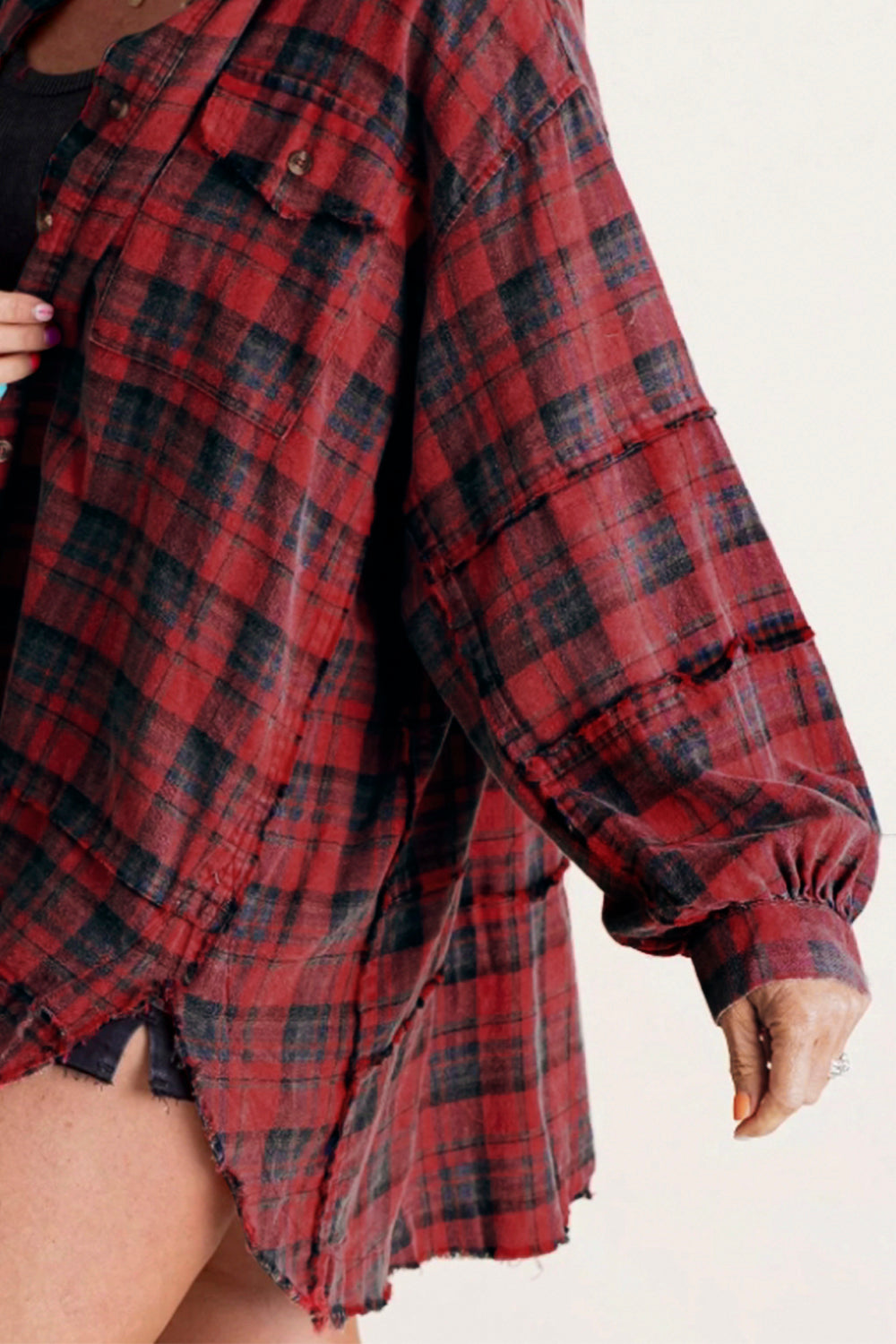 Outfit Flow - Exposed Seam Plaid Collared Neck Long Sleeve Shirt