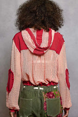 POL Texture Woven Button Down Hooded Shirt with Drawstring Hem OutfitFlow
