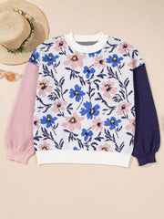 Floral Panel Colorblock Sleeve Patchwork Sweater OutfitFlow