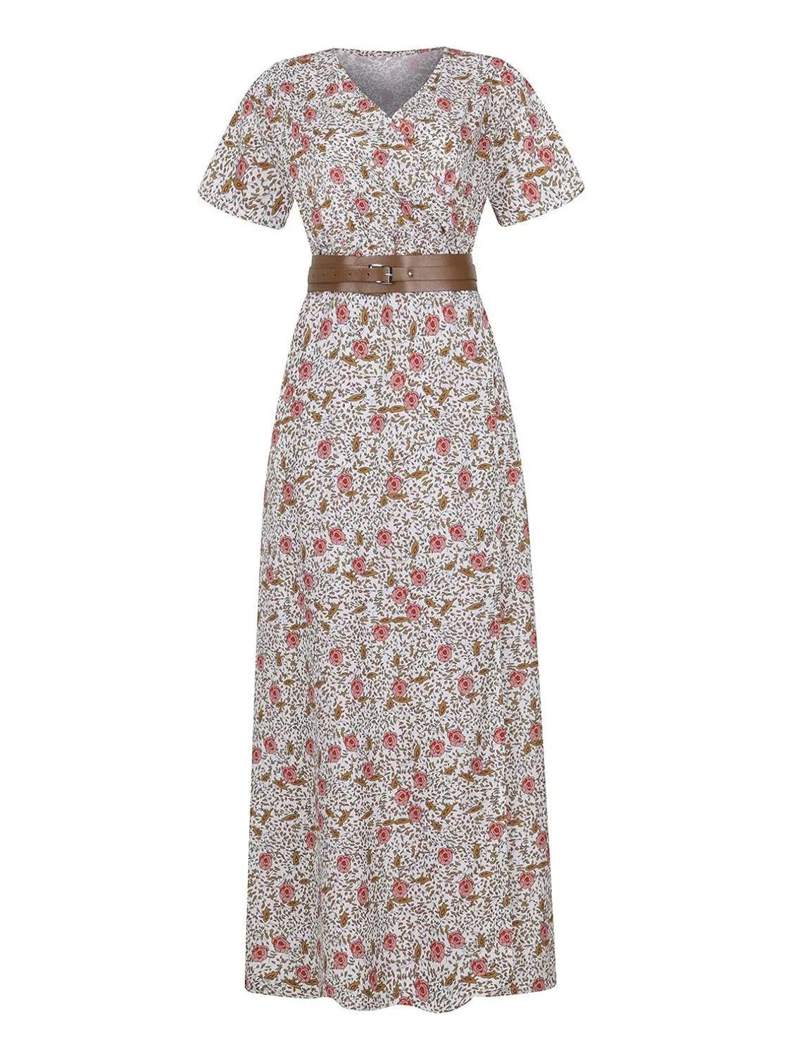 Full Size Printed V-Neck Short Sleeve Maxi Dress Plus Size OutfitFlow