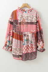 Patchwork Printed Notched Flounce Sleeve Shirt