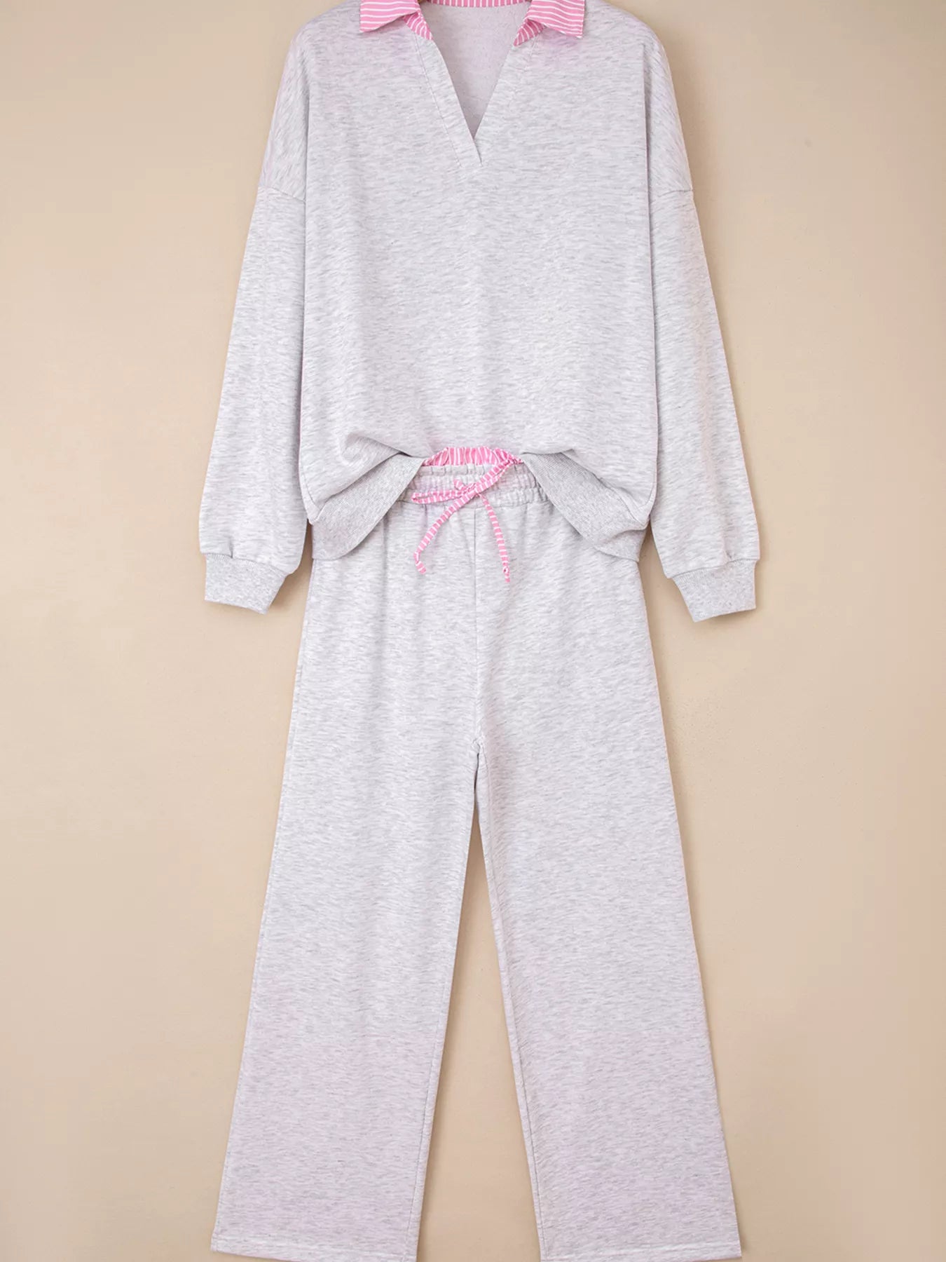 Contrasted Trim Frilled Collar Drop Shoulder Top and Drawstring Pant Set OutfitFlow