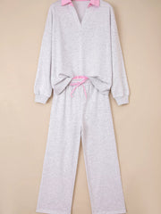 Contrasted Trim Frilled Collar Drop Shoulder Top and Drawstring Pant Set OutfitFlow
