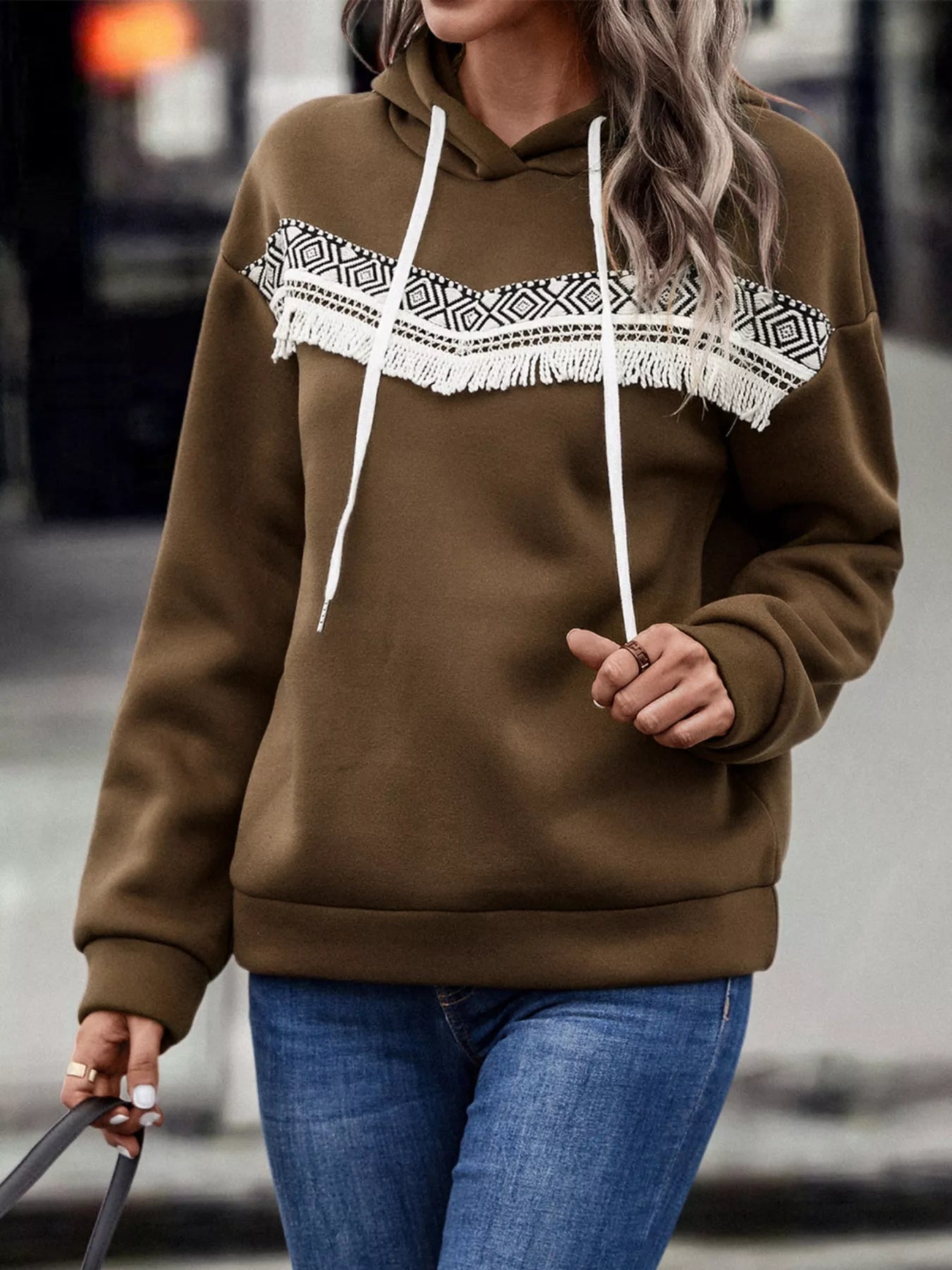 Fringe Detail Long Sleeve Drawstring Hoodie OutfitFlow