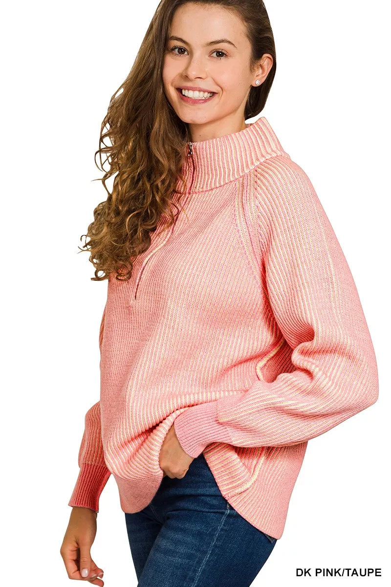Zenana Ribbed Two Tone Half Zip Sweater OutfitFlow