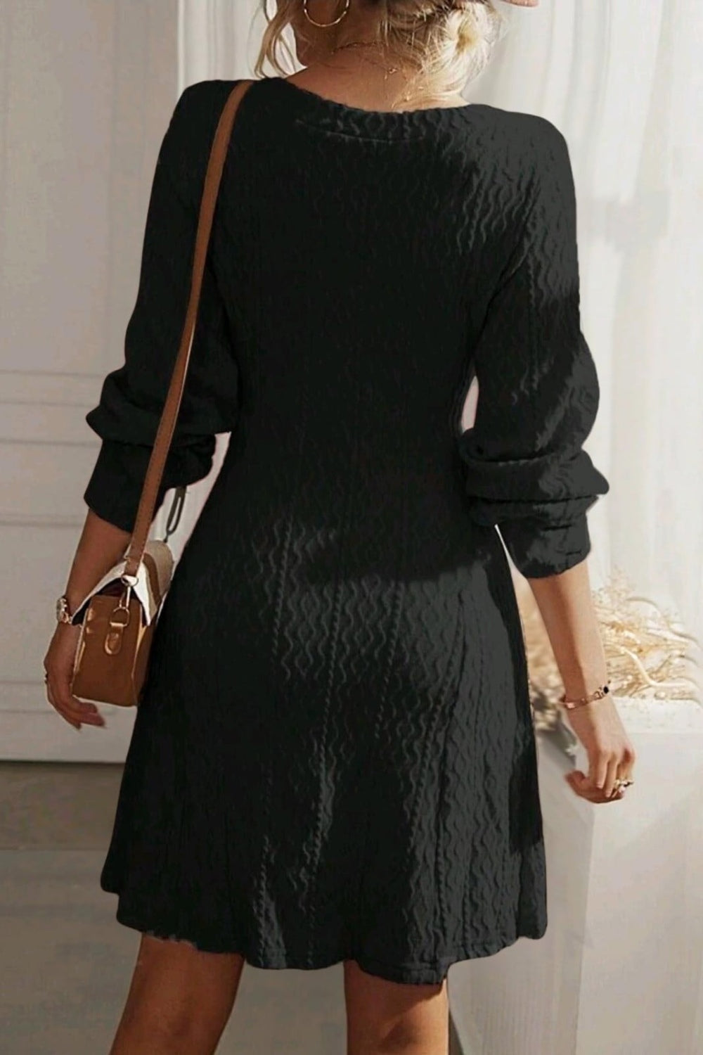 Outfit Flow - Texture V-Neck Long Sleeve Dress