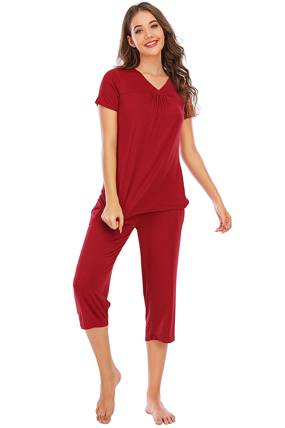 Outfit Flow - V-Neck Short Sleeve Top and Pants Lounge Set