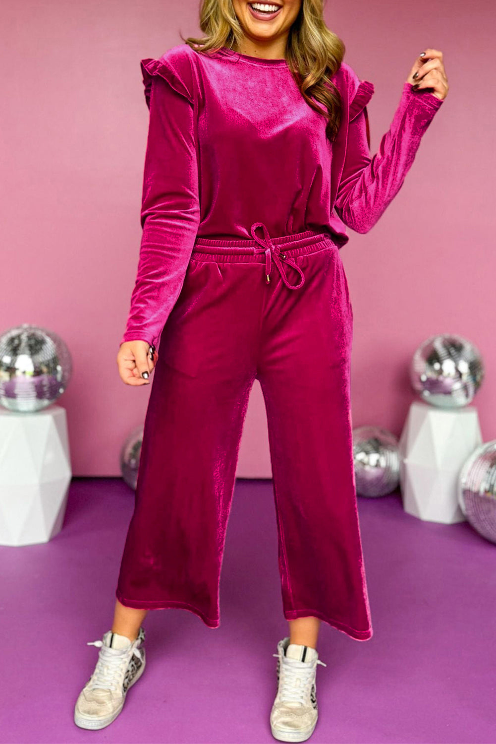 Outfit Flow - Frill Round Neck Long Sleeve Top and Pants Set