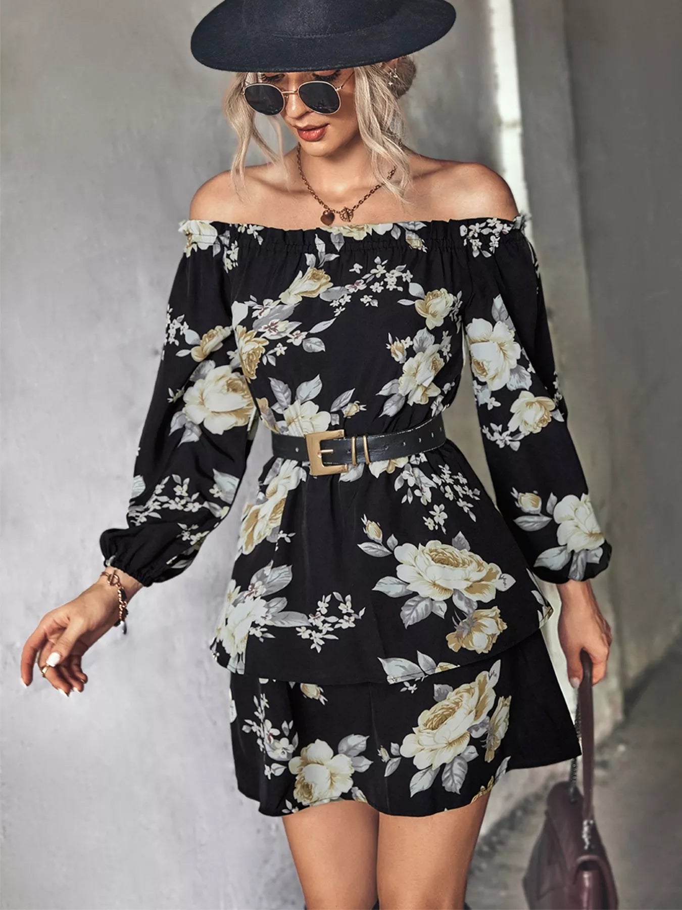 Off-Shoulder Floral Print Long Sleeve Mini Dress OutfitFlow