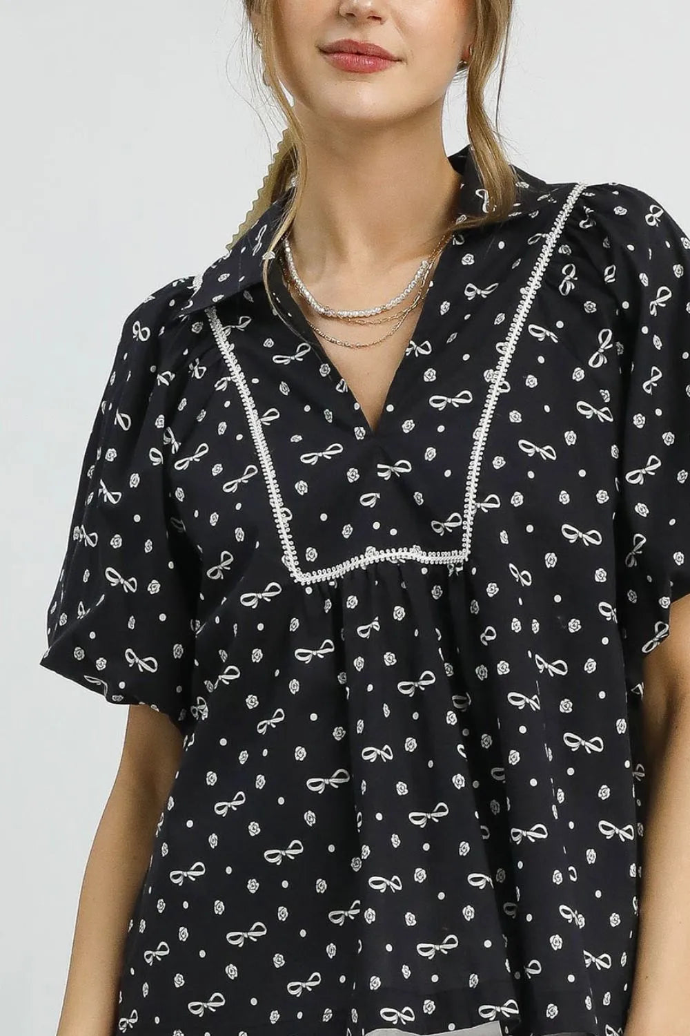 Umgee Bow Print Puff Sleeve Blouse OutfitFlow