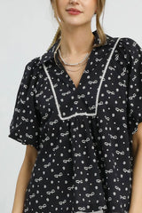 Umgee Bow Print Puff Sleeve Blouse OutfitFlow