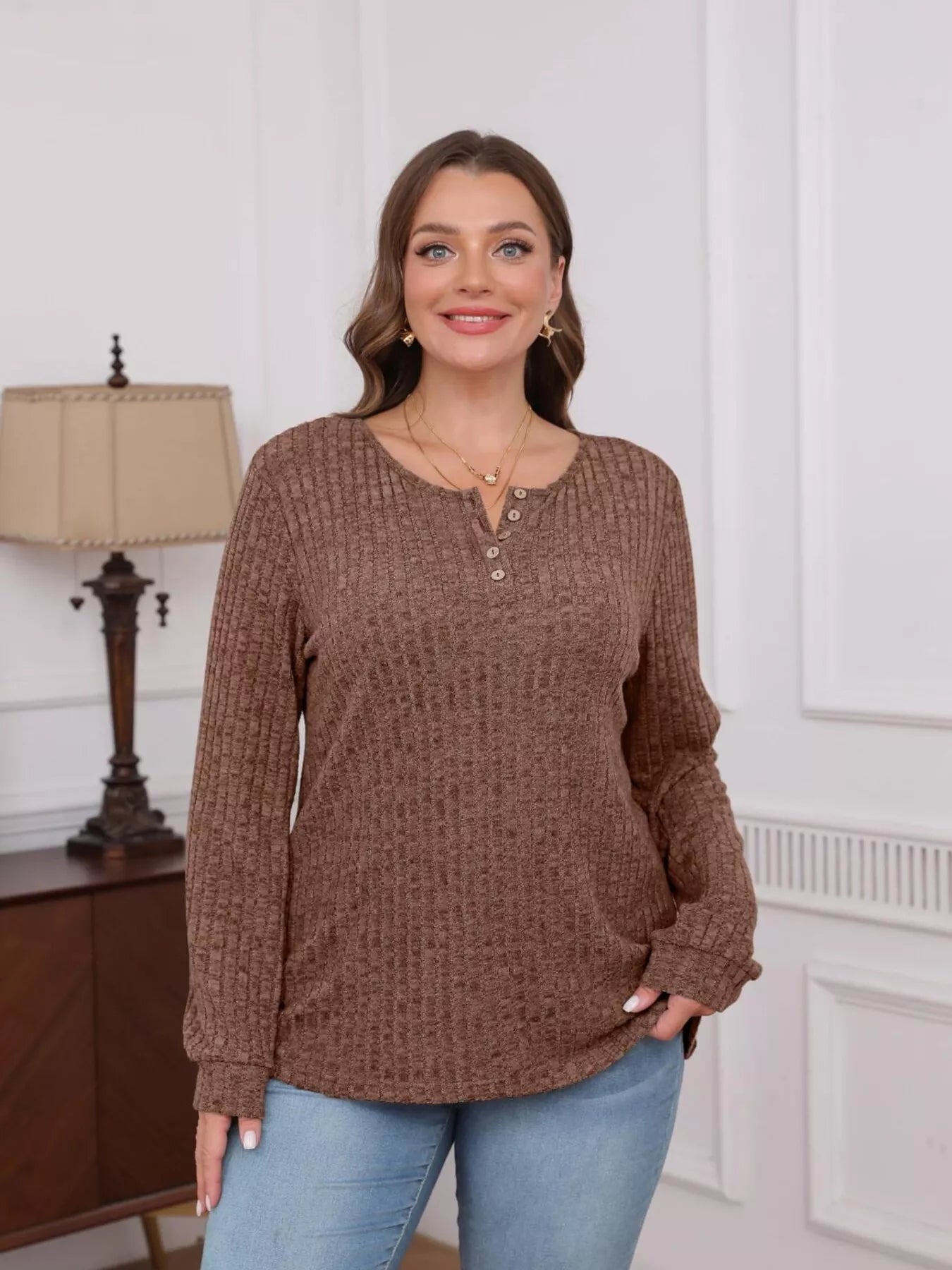 Ribbed Knit Button-Front Long Sleeve T-Shirt OutfitFlow