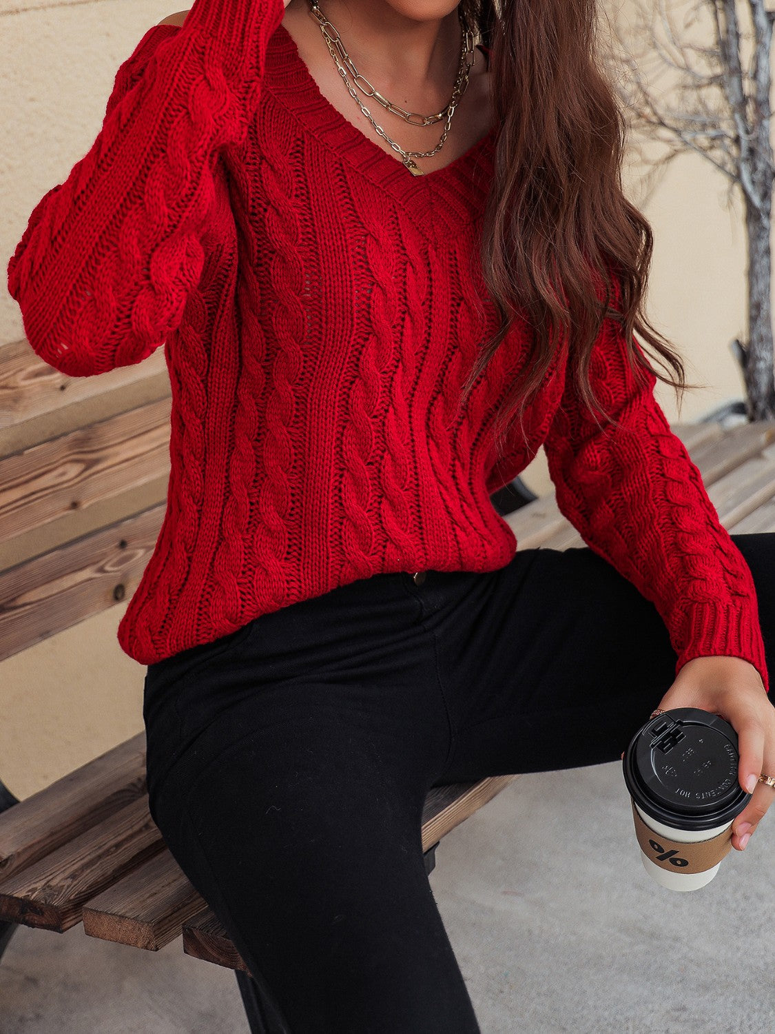 Outfit Flow - Honey Cable-Knit V-Neck Cold Shoulder Sweater