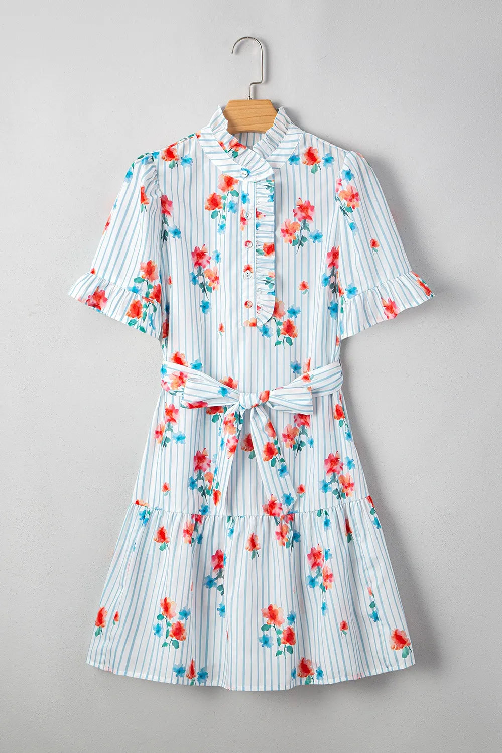 Stripe Floral Pattern Ruffle Short Sleeve Belted Mini Dress OutfitFlow