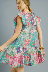 Umgee Printed Ruffle Cap Sleeve Mini Dress OutfitFlow