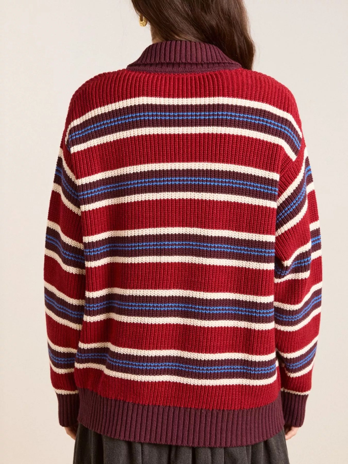 Striped Button Detail Polo Collar Sweater OutfitFlow