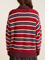 Striped Button Detail Polo Collar Sweater OutfitFlow