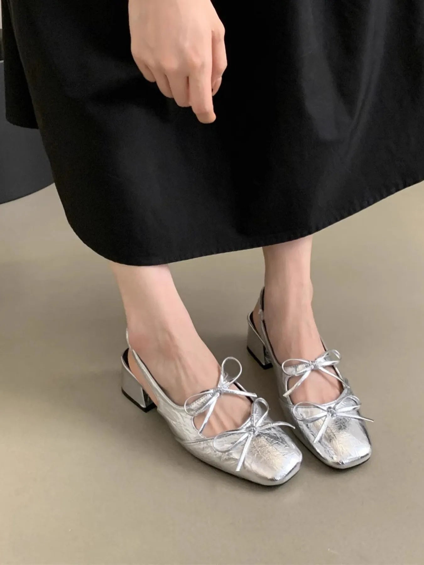 Square Toe Bow-Tie Slingback Ballet Shoes Silver OutfitFlow