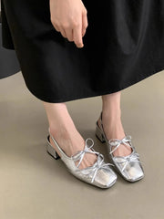 Square Toe Bow-Tie Slingback Ballet Shoes Silver OutfitFlow