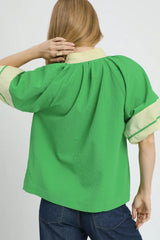 Umgee Contrast Trim Notched Puff Sleeve Blouse OutfitFlow