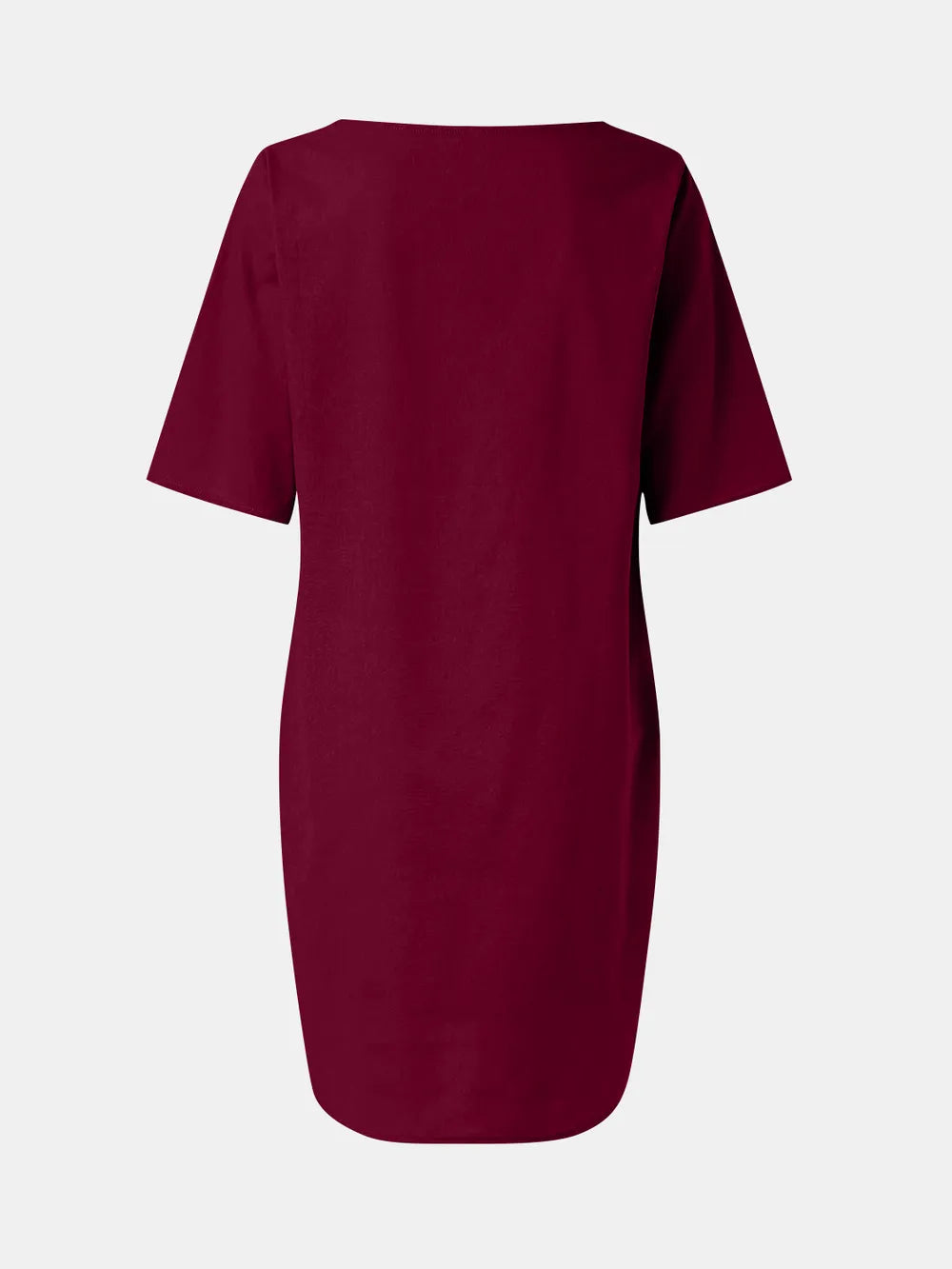Full Size Round Neck Half Sleeve Dress with Pockets Burgundy OutfitFlow