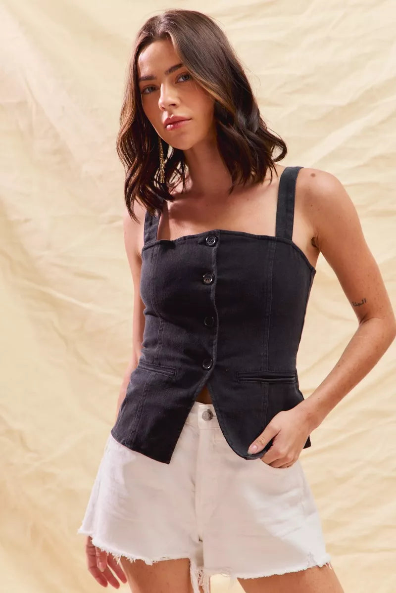 SO ME Button Down Sleeveless Game Day Fitted Denim Top Trendsi