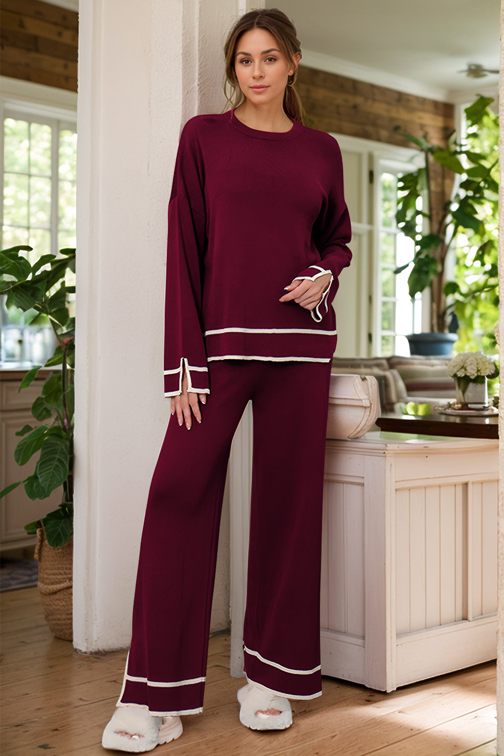 Outfit Flow - High-Low Round Neck Top and Pants Sweater Set