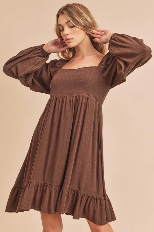 Aemi + Co Ruffled Hem Square Neck Balloon Sleeve Mini Dress Dark Brown OutfitFlow