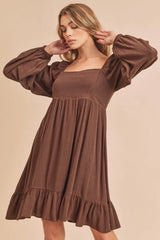 Aemi + Co Ruffled Hem Square Neck Balloon Sleeve Mini Dress Dark Brown OutfitFlow