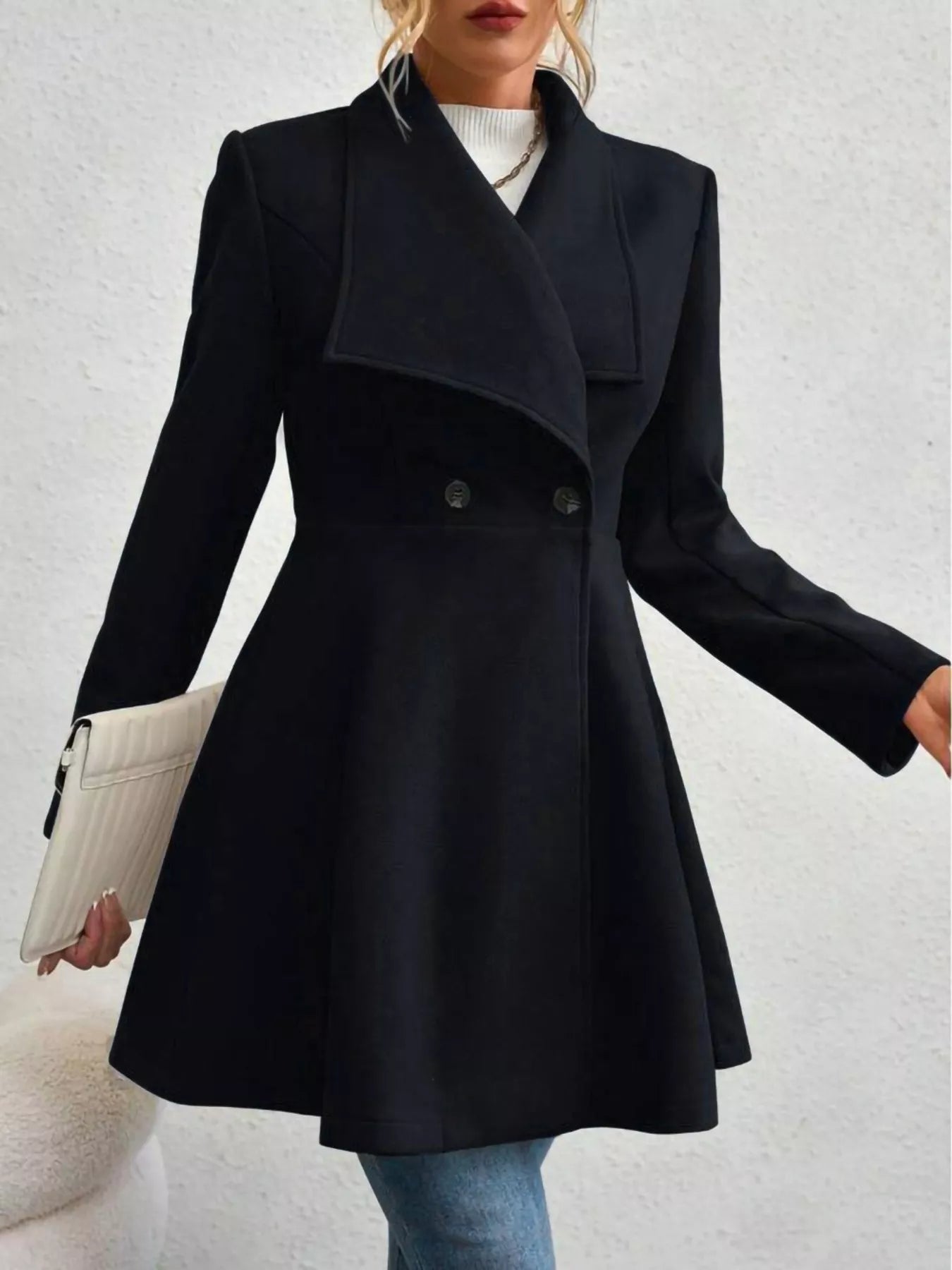 Collared Neck Double Breasted Coat Black Trendsi