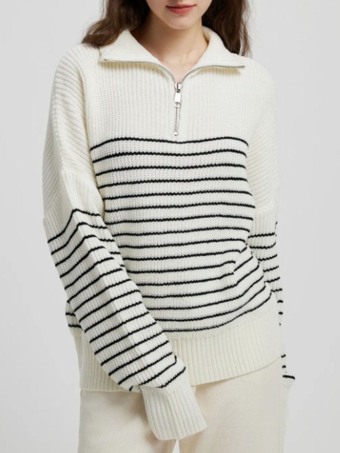 Outfit Flow - Striped Half Zip Long Sleeve Sweater