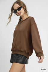 Umgee Round Neck Long Sleeve Fleece Sweatshirt OutfitFlow