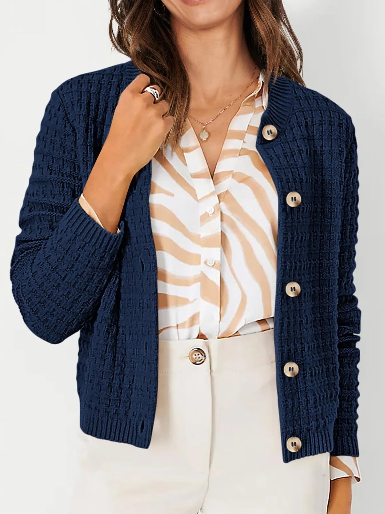 Textured Knit Button-Front Cardigan Navy Blue OutfitFlow