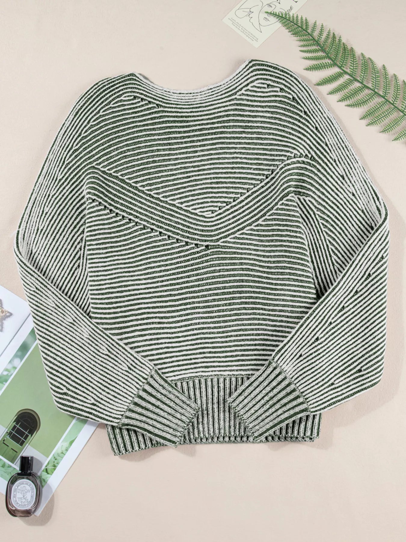 Striped Ribbed Knit Boat Neck Baggy Sweater OutfitFlow