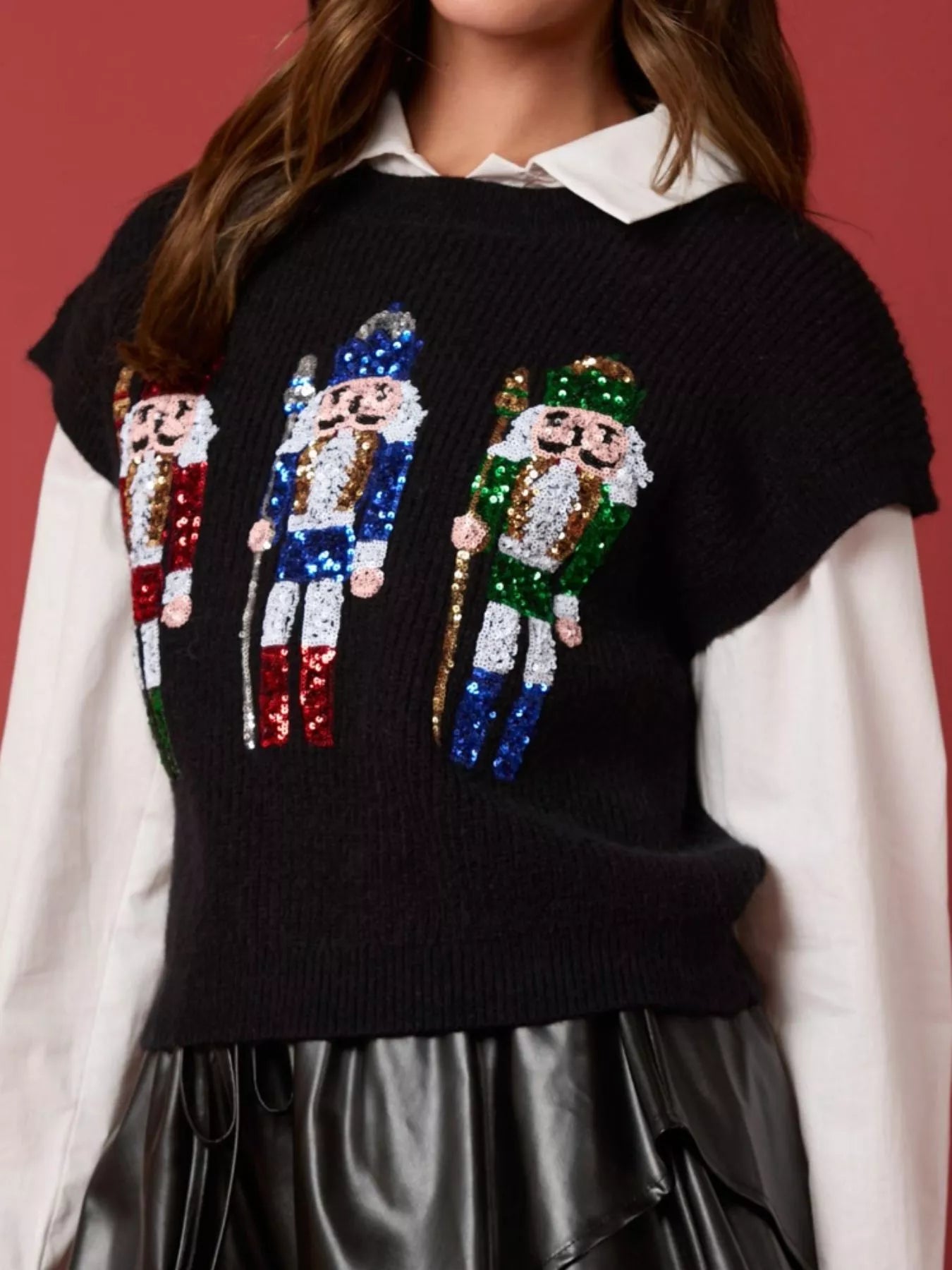 Christmas Sequin Round Neck Sweater Vest OutfitFlow