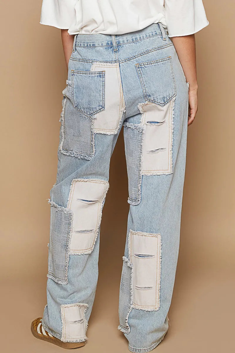 POL Contrast Patched Raw Hem Straight Jeans OutfitFlow