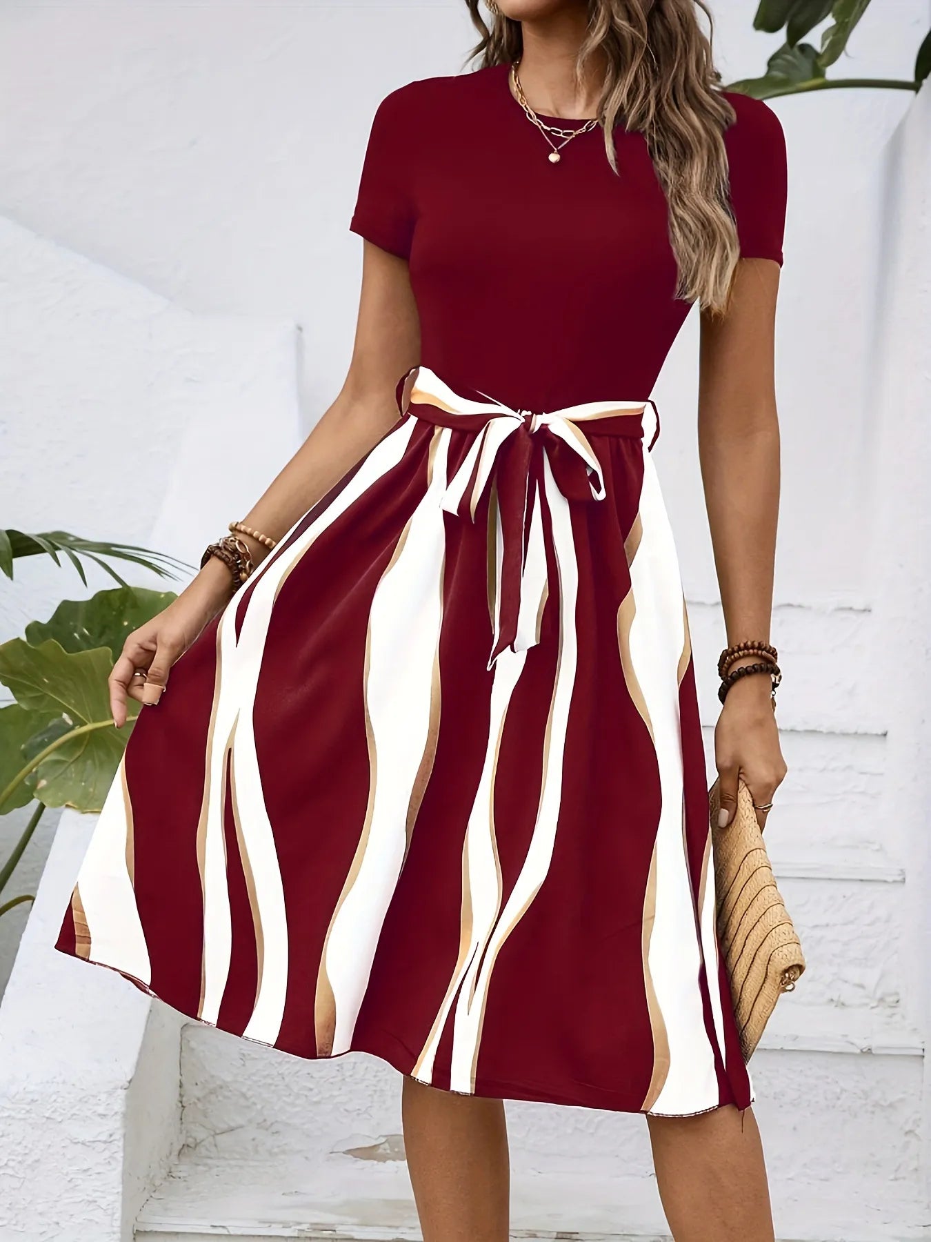 Striped Short Sleeve Tie Waist Dress OutfitFlow