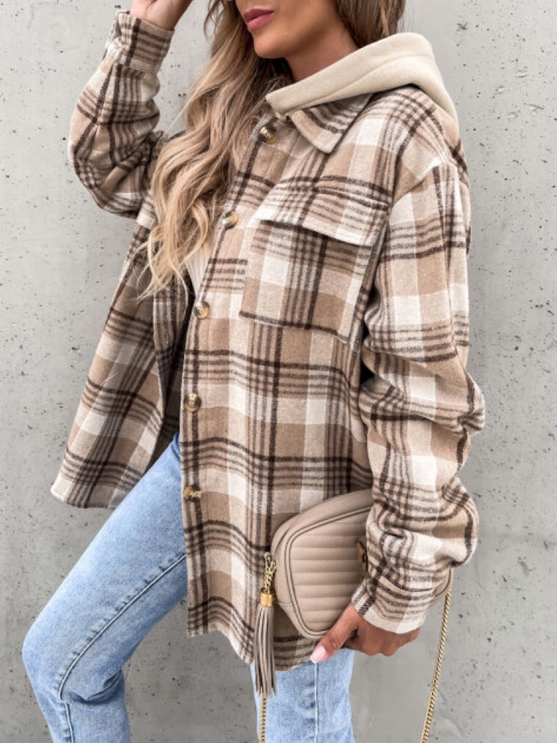 Outfit Flow - Plaid Button Up Jacket with Removable Hood