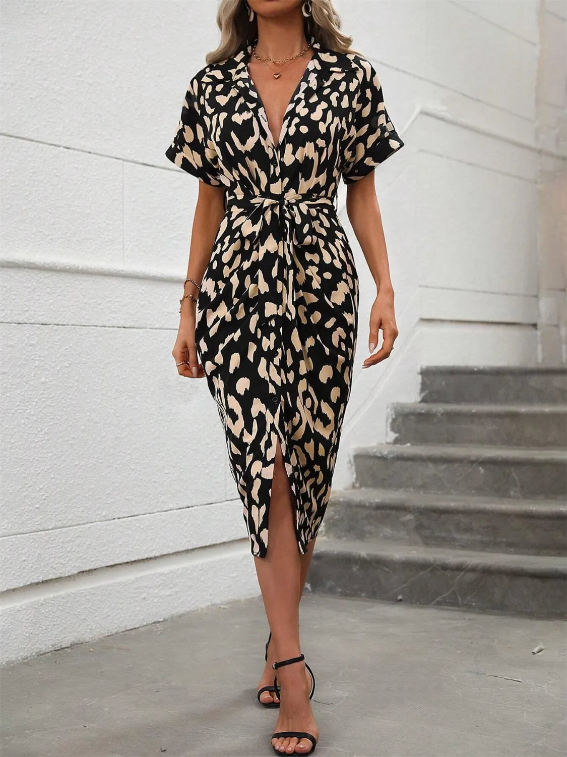 Short Sleeve Tie Waist Dress OutfitFlow