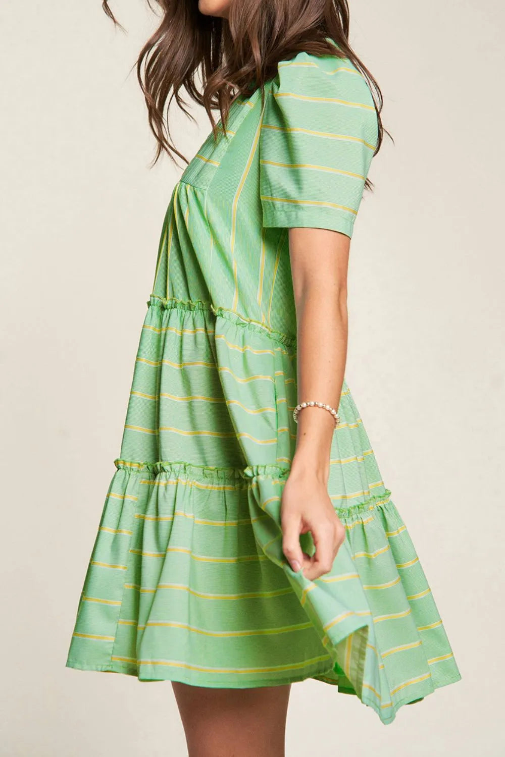 Stripe V Neck Short Sleeve Frilled Detail Dress OutfitFlow