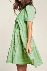Stripe V Neck Short Sleeve Frilled Detail Dress OutfitFlow