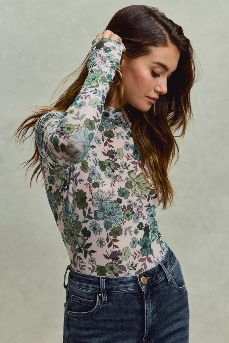 SO ME Floral Print Mesh Knit Long Sleeves Top OutfitFlow