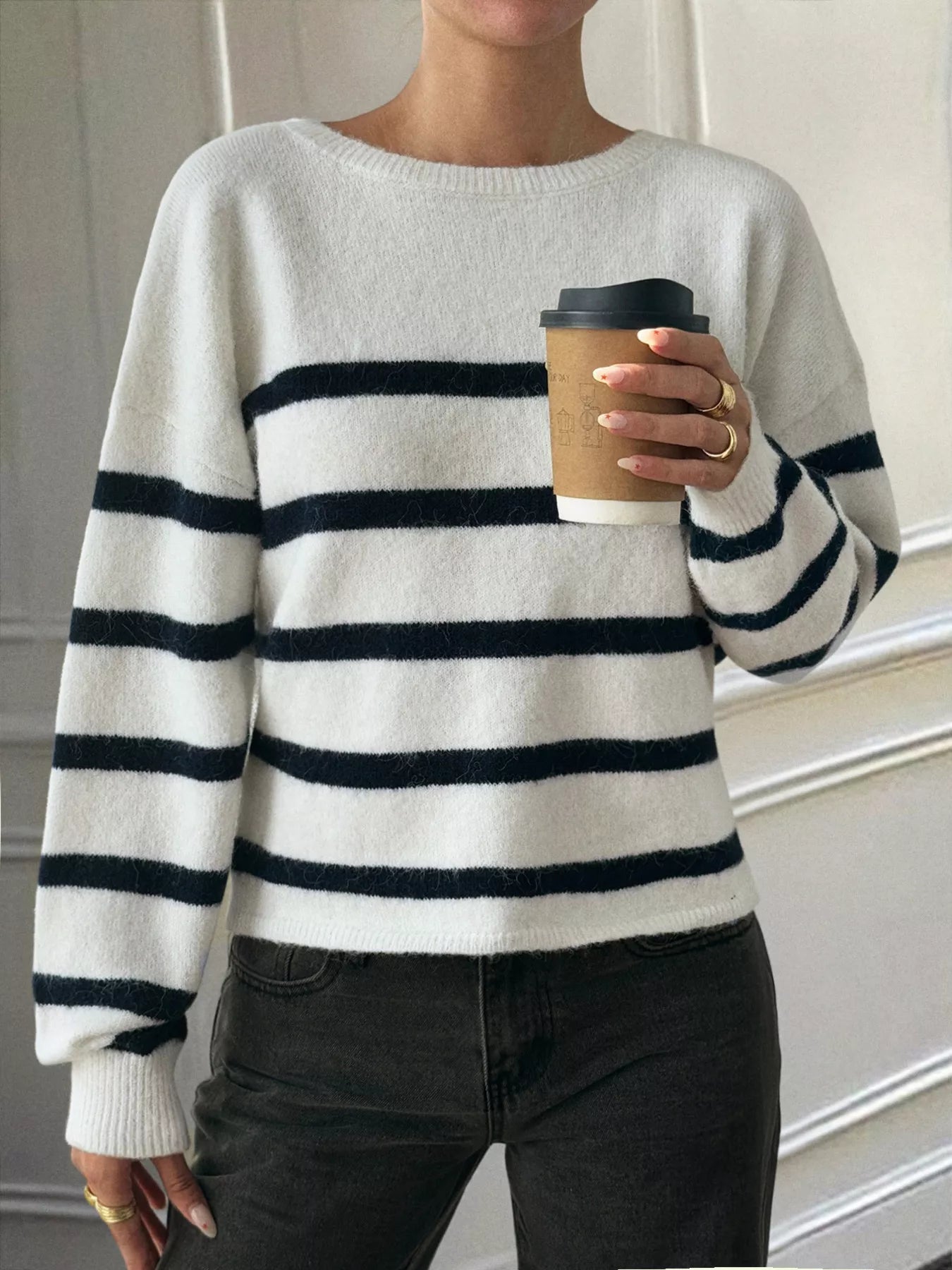 Striped Round Neck Long Sleeve Knit Top Blue OutfitFlow