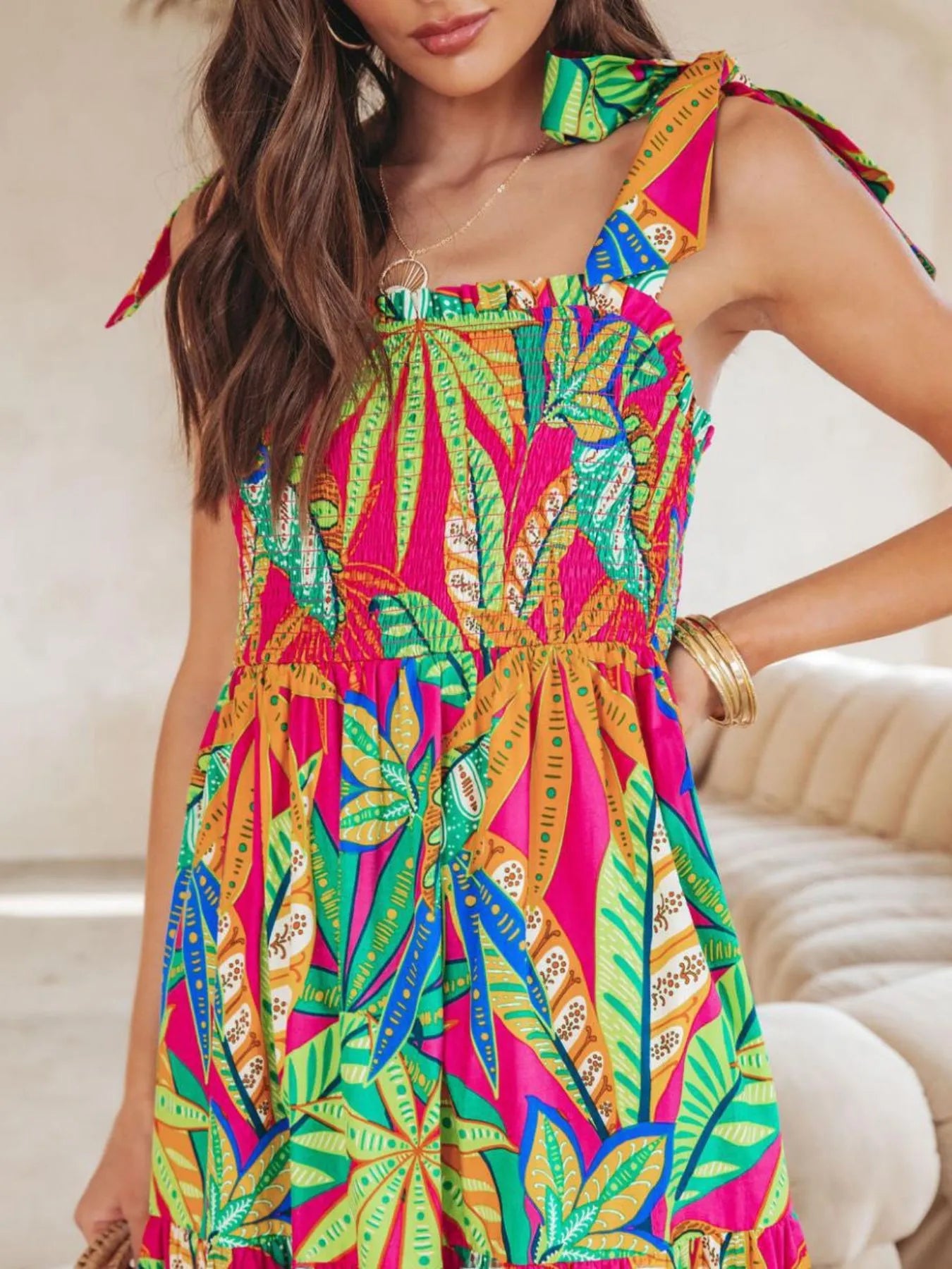 Tropical Print Tie Shoulder Maxi Dress OutfitFlow
