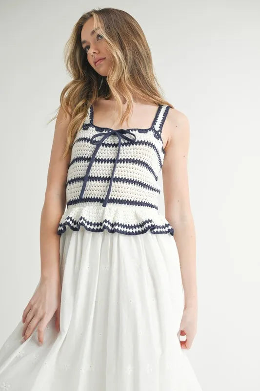 MABLE Crochet Stripe Knit Eyelet Mix Midi Dress OutfitFlow