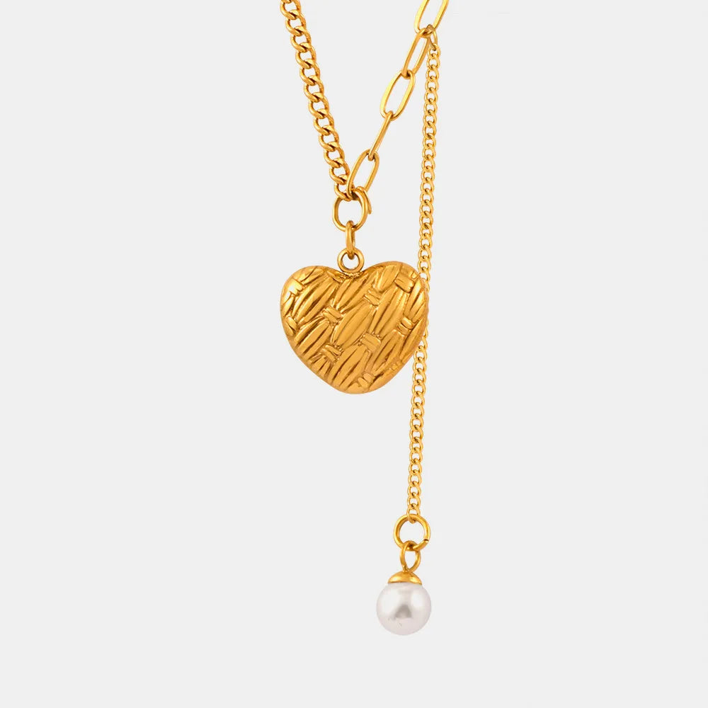 Titanium Steel Imitation Pearl Heart Pendant Necklace OutfitFlow