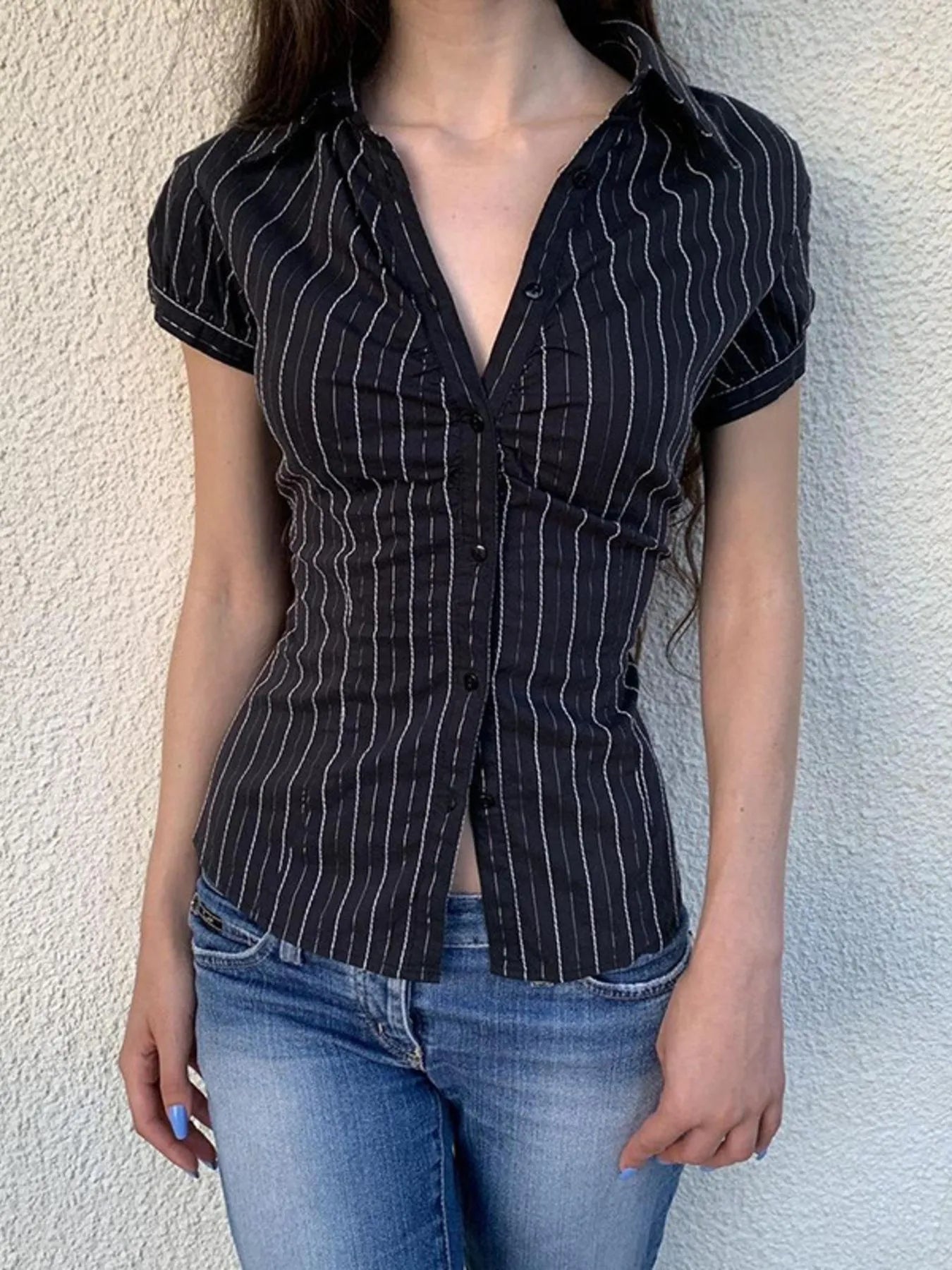 Striped Button-Down Collared Neck Shirt OutfitFlow