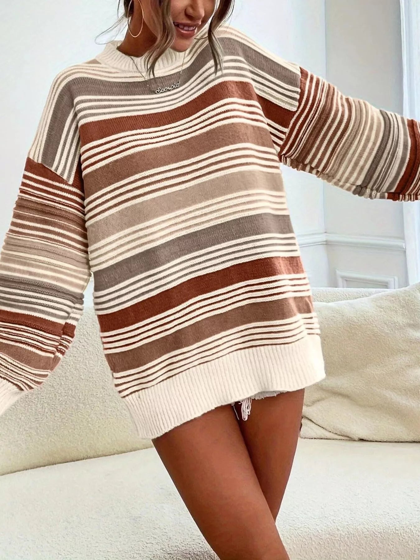 Rainbow Striped Drop Shoulder Oversized Sweater OutfitFlow