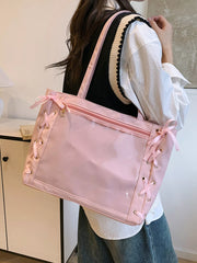Lace-Up Trim Clear Panel Shoulder Bag Pink onesize OutfitFlow
