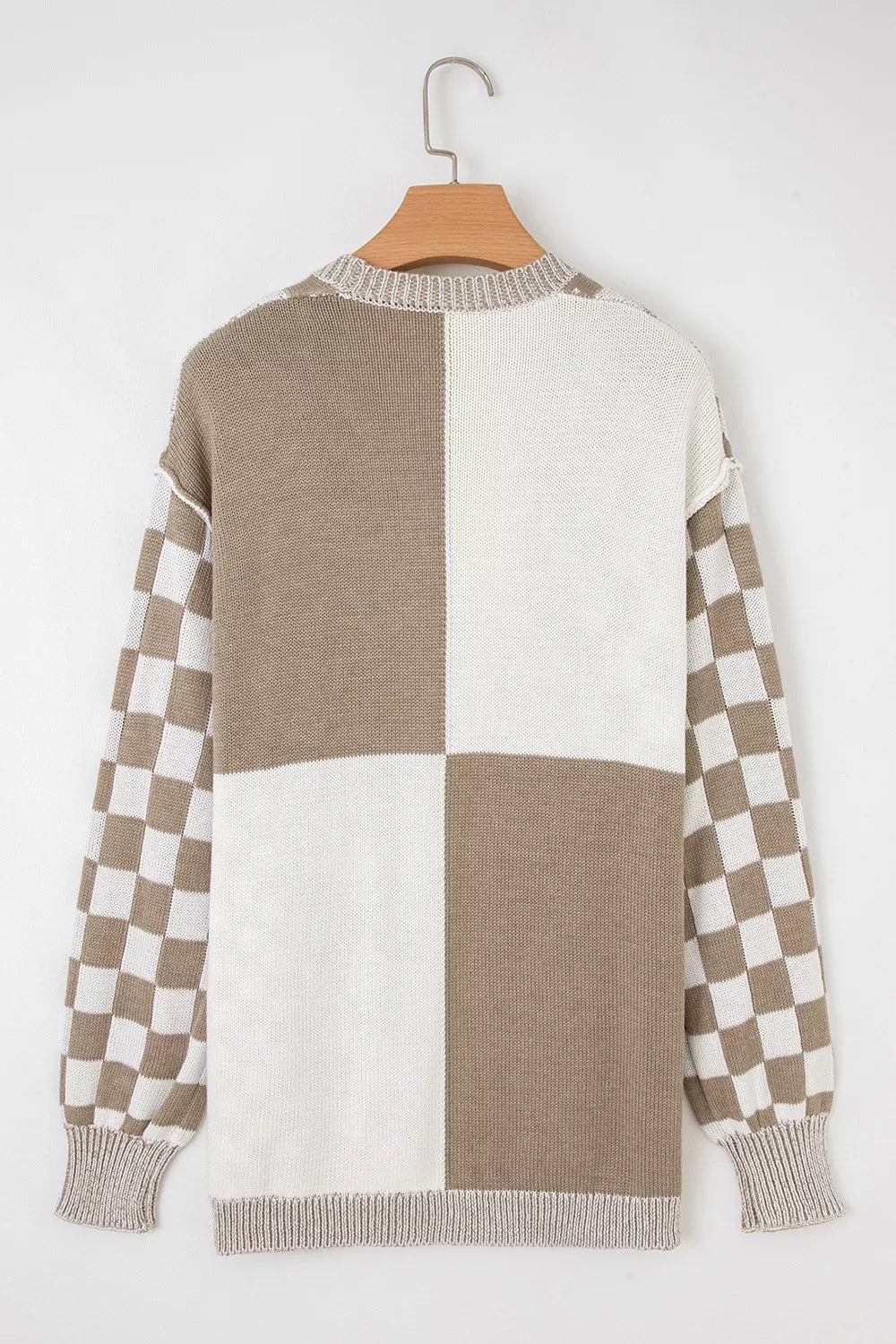 Checkerboard Print Open Front Knit Cardigan OutfitFlow